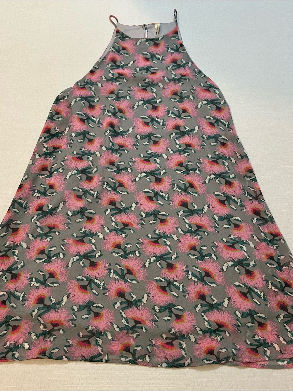 Tyche Gray Pink Floral Swing Dress High Neck Sleeveless Large